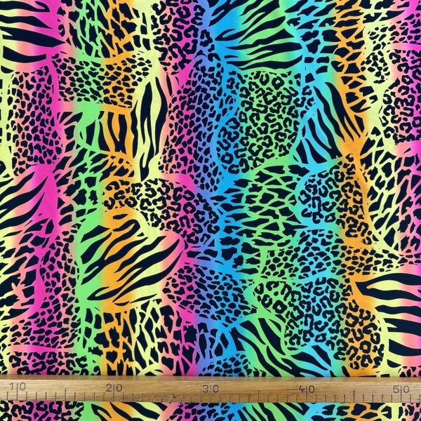 Metráž Plavkovina vzorovaná - Rainbow animal print