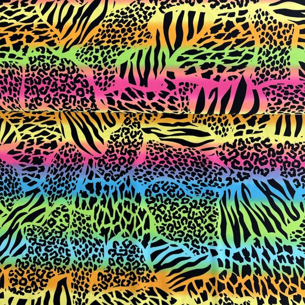 Metráž Plavkovina vzorovaná - Rainbow animal print