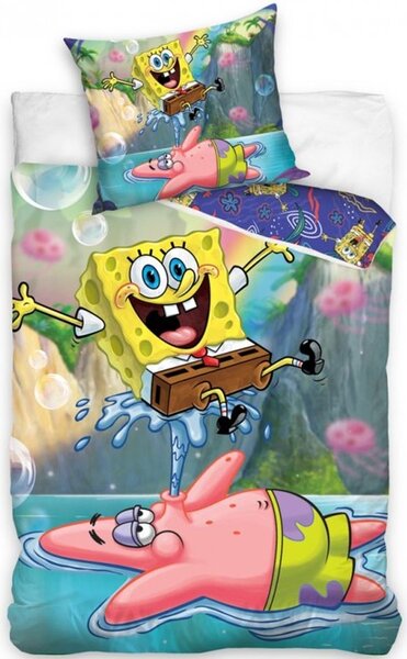 Bavlnené posteľné obliečky SpongeBob - motív Patrik robí vodotrysk - 100% bavlna Renforcé - 70 x 90 cm + 140 x 200 cm