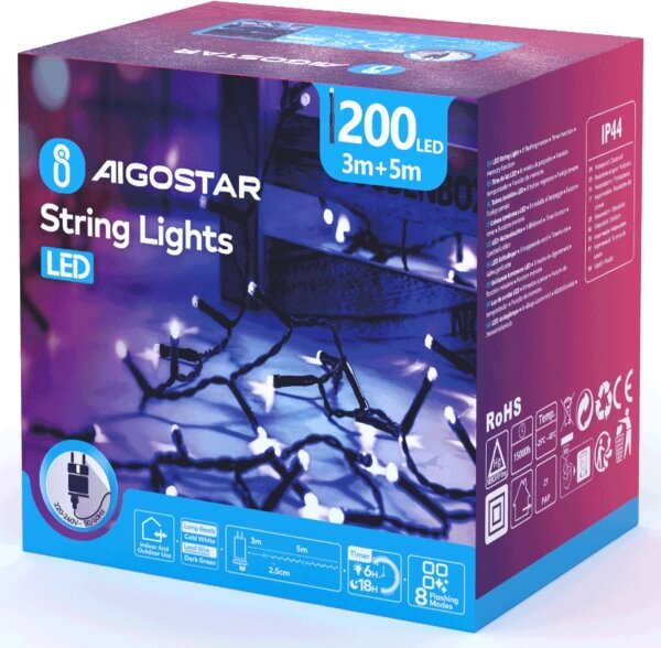 Aigostar - LED vonkajšia vianočná reťaz 200xLED/8 funkcií 8m IP44 studená biela