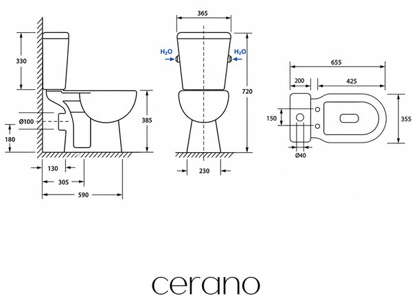 CERANO - WC kombi Dure, Rimless - bezokrajové splachovanie + PP sedadlo - biela lesklá - 72x36,5 cm