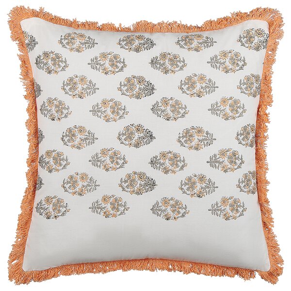 Sada 2 dekoratívnych vankúšov biela oranžová bavlna 45 x 45 cm kvetovaný vzor so strapcami bloková potlač boho moderný štýl doplnky