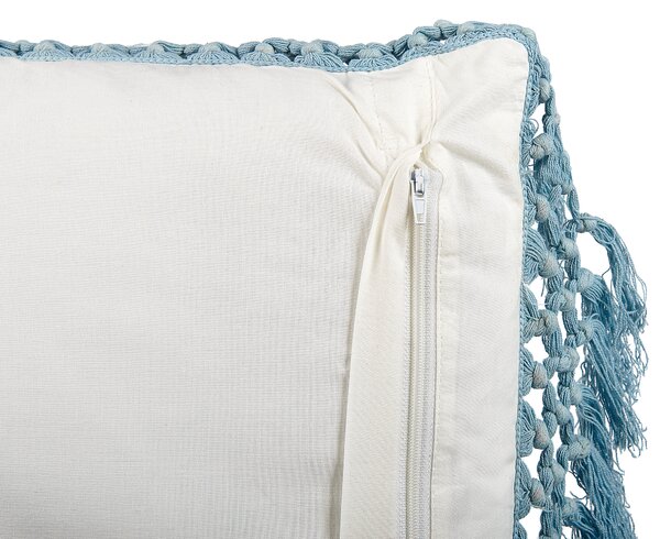 Sada 2 dekoratívnych vankúšov biela modrá bavlna 45 x 45 cm kvetovaný vzor so strapcami ručná výroba boho moderný štýl doplnky
