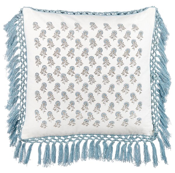 Sada 2 dekoratívnych vankúšov biela modrá bavlna 45 x 45 cm kvetovaný vzor so strapcami ručná výroba boho moderný štýl doplnky