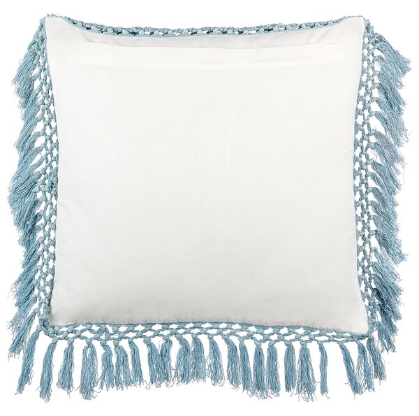 Sada 2 dekoratívnych vankúšov biela modrá bavlna 45 x 45 cm kvetovaný vzor so strapcami ručná výroba boho moderný štýl doplnky