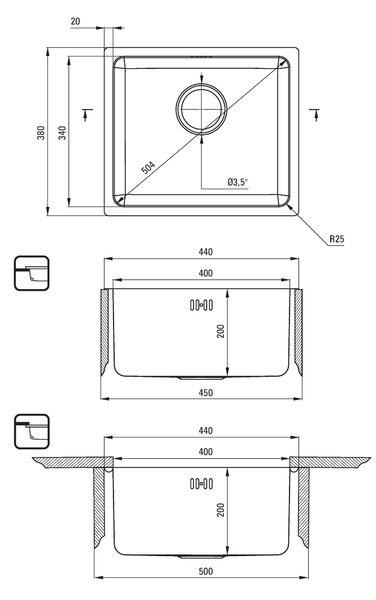 Deante Egeria, nerezový drez pod dosku 1-komorový B/O 380x440x200 3,5" + priestorovo úsporný sifón, vzor satyna, ZPE_010A