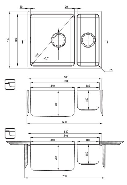 Deante Egeria, nerezový drez pod dosku 1,5-komorový B/O 570x440x200 3,5" + priestorovo úsporný sifón, vzor satyna, ZPE_050C