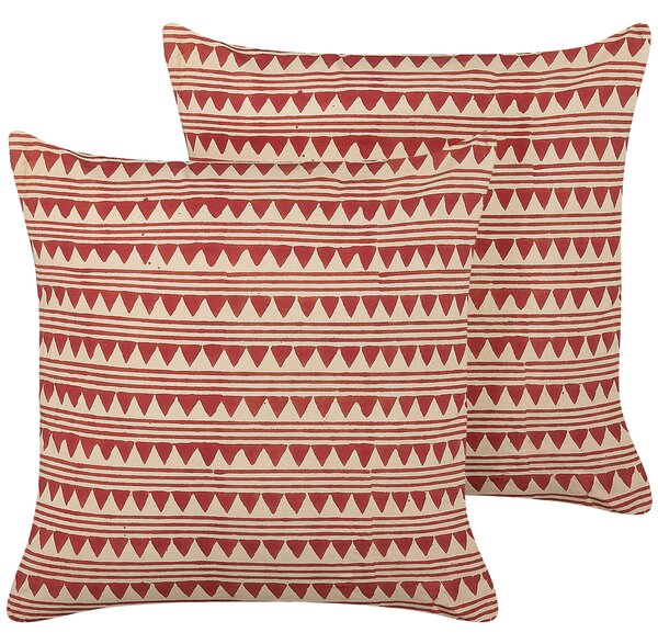 Sada 2 dekoratívnych vankúšov červená a béžová bavlna 45 x 45 cm geometrický vzor ručná výroba snímateľný poťah boho štýl