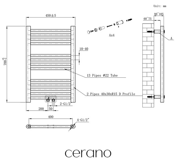 CERANO - Kúpeľňový radiátor Benito - stredové pripojenie 50mm/bočné - 209 W - chróm - 700x450 mm