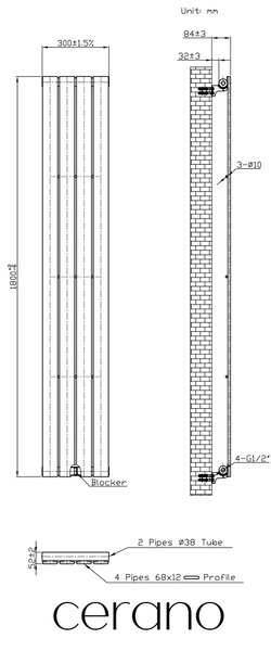 CERANO - Kúpeľňový radiátor Arlen - bočné pripojenie - 558 W - matná biela - 1800x300 mm
