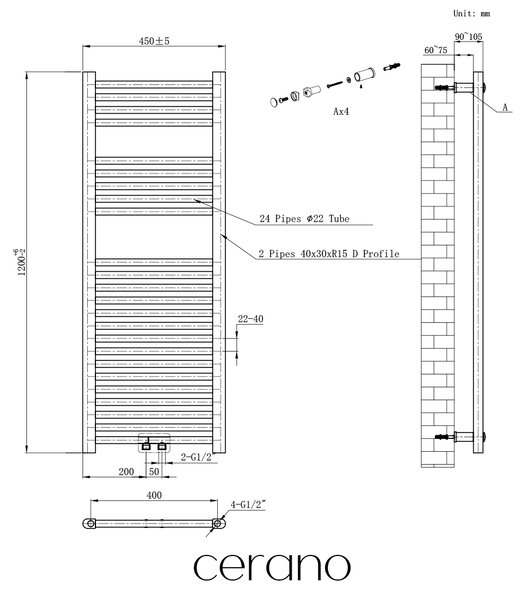 CERANO - Kúpeľňový radiátor Benito - stredové pripojenie 50mm/bočné - 377 W - chróm - 1200x450 mm