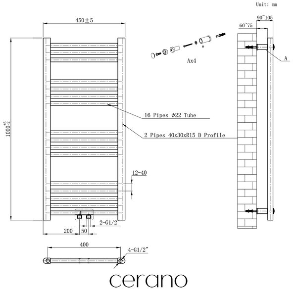 CERANO - Kúpeľňový radiátor Benito - stredové pripojenie 50mm/bočné - 343 W - čierna matná - 1000x450 mm