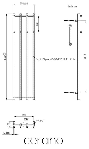 CERANO - Kúpeľňový radiátor Bertini - bočné pripojenie - 380 W - čierna matná - 1400x351 mm