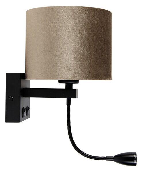 Nástenná lampa čierna s hnedým zamatovým tienidlom 18 cm - Brescia Combi
