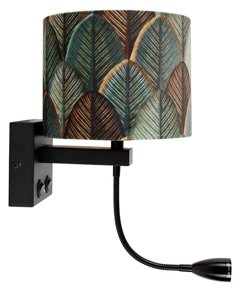 Nástenná lampa čierna s zamatovým tienidlom s dizajnom listu a zlatým vnútorným priestorom - Brescia Combi
