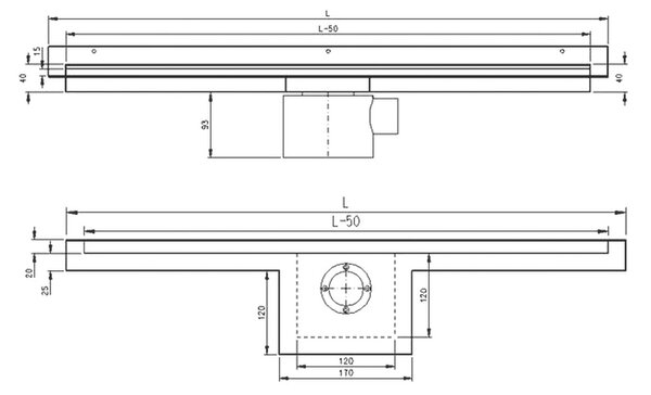 Sprchový žľab PHANTOM s horizontálnou a vertikálnou prírubou, 100 cm