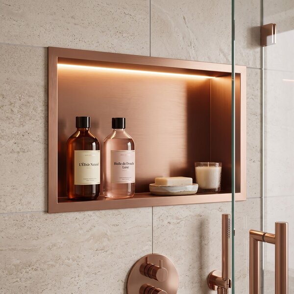 VSTAVANÁ KÚPEĽŇOVÁ POLICA LED 30x45 brush copper