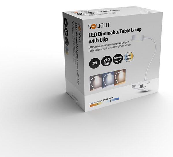SOLIGHT LED stolná nabíjacia lampička, 2W, 210lm, 3CCT, biela, clip
