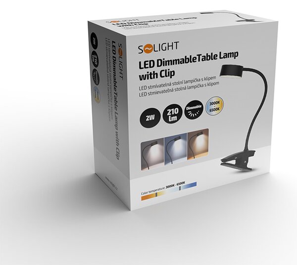 SOLIGHT LED stolná nabíjacia lampička, 2W, 210lm, 3CCT, čierna, clip