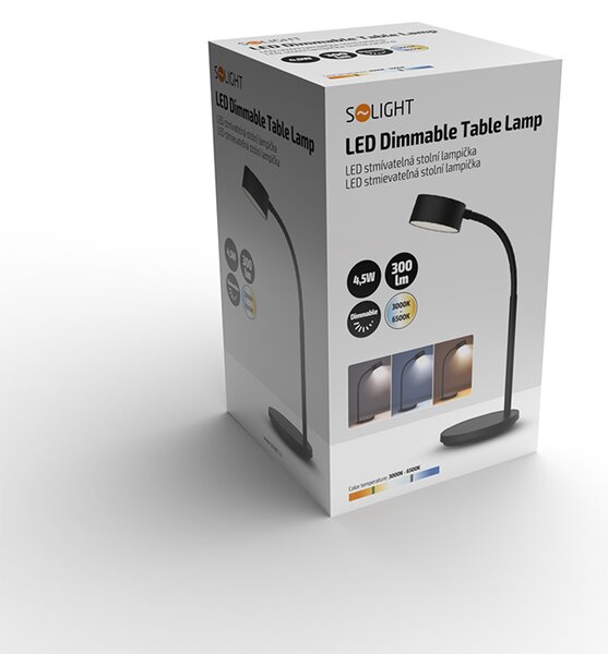 SOLIGHT LED stolná lampička, 4,5 W, 300lm, 3CCT, čierna, podstavec