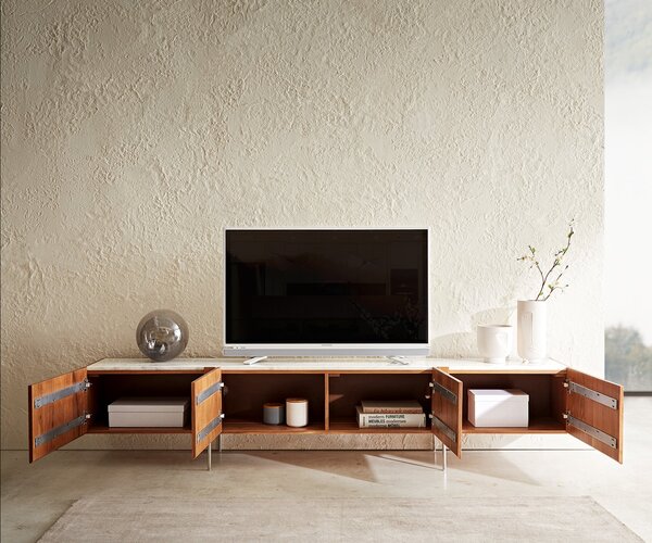 DELIFE TV stolík Secara 220 cm akácia prírodná 4 dvierka mramorové nohy nerezová oceľ