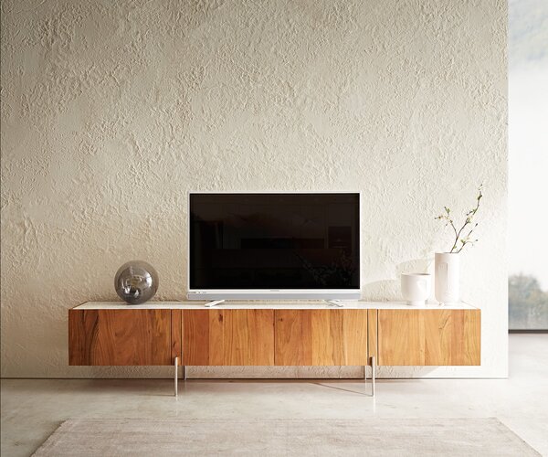 DELIFE TV stolík Secara 220 cm akácia prírodná 4 dvierka mramorové nohy nerezová oceľ