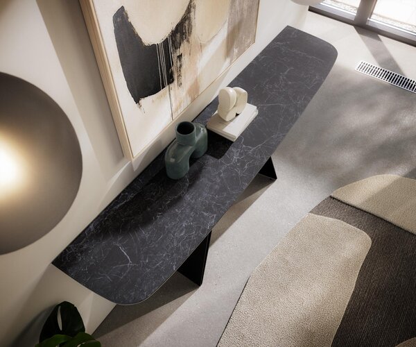 DELIFE Konzolový stolík Edge zaoblený tvar 180×40 cm keramika Laminam® Nero Greco antracit Velio kov čierna