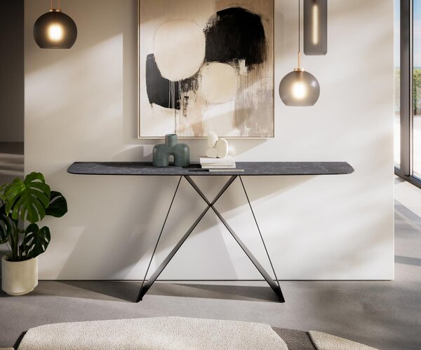 DELIFE Konzolový stolík Edge zaoblený tvar 180×40 cm keramika Laminam® Nero Greco antracit Velio kov čierna