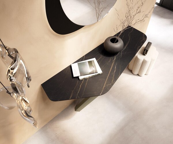 DELIFE Konzolový stolík Edge polygonálny 140×50 cm keramika Laminam® Noir Desir hnedá Zentharo kov titánová farba