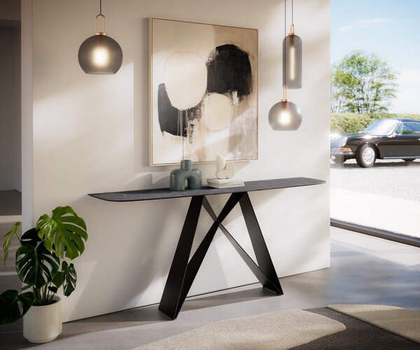 DELIFE Konzolový stolík Edge zaoblený tvar 180×40 cm keramika Laminam® Nero Greco antracit Velio kov čierna