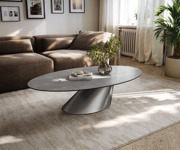 DELIFE Konferenčný stolík Edge oválny 140×80 cm keramika betónová sivá Conis nerezová oceľ kefovaná
