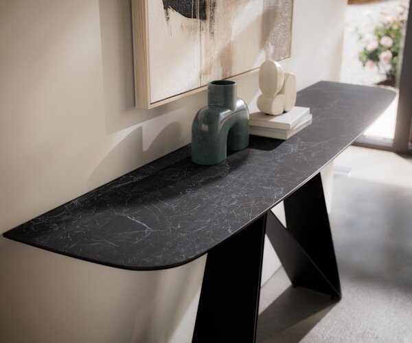 DELIFE Konzolový stolík Edge zaoblený tvar 180×40 cm keramika Laminam® Nero Greco antracit Velio kov čierna