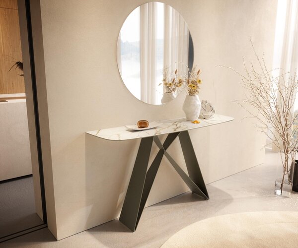 DELIFE Konzolový stolík Edge zaoblený tvar 140×40 cm keramika Calacatta Luxe bielo-zlato-šedá Velio kov titánová farba