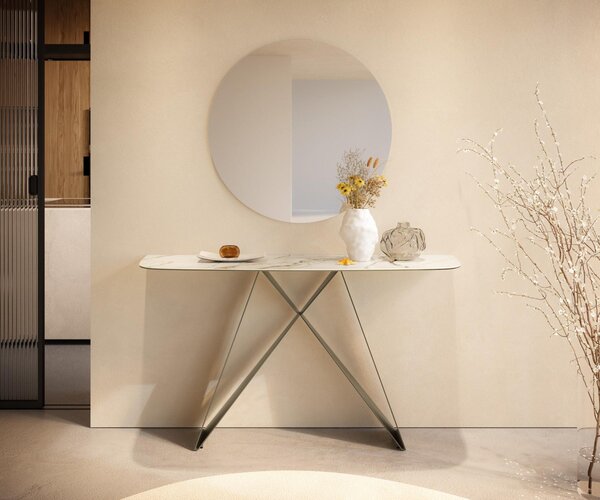DELIFE Konzolový stolík Edge zaoblený tvar 140×40 cm keramika Calacatta Luxe bielo-zlato-šedá Velio kov titánová farba