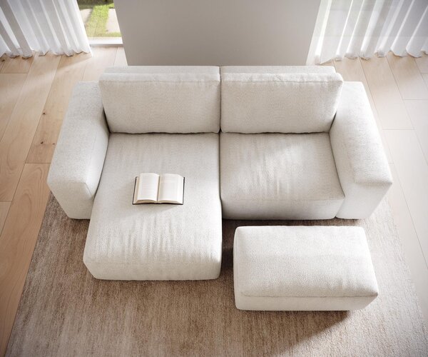 DELIFE Rohová pohovka Lanzo 230x155 cm bouclé bielo-krémová ležadlo variabilné s taburetom