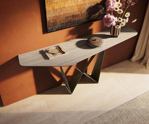 DELIFE Konzolový stolík Edge polygonálny 180×50 cm keramika Laminam® Travertino Bianco krémovo biela Spios kov titánová farba efekt