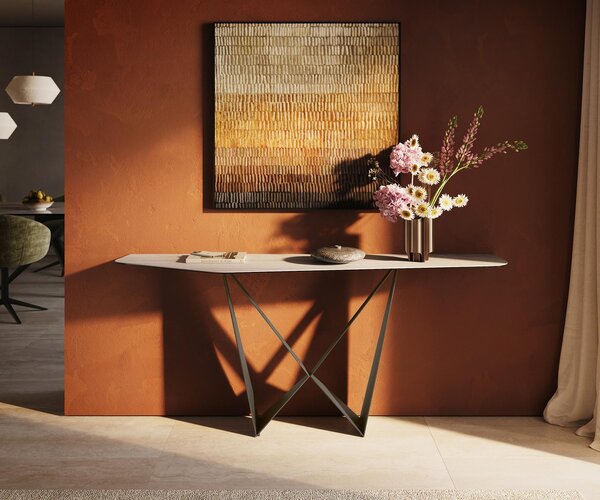 DELIFE Konzolový stolík Edge polygonálny 180×50 cm keramika Laminam® Travertino Bianco krémovo biela Spios kov titánová farba efekt