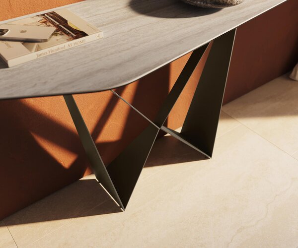 DELIFE Konzolový stolík Edge polygonálny 180×50 cm keramika Laminam® Travertino Bianco krémovo biela Spios kov titánová farba efekt