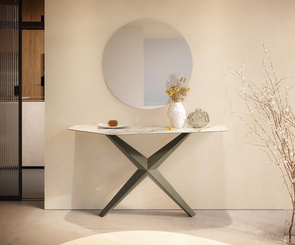 DELIFE Konzolový stolík Edge polygonálny 140×50 cm keramika Calacatta Luxe bielo-zlato-šedá Zentharo kov titánová farba