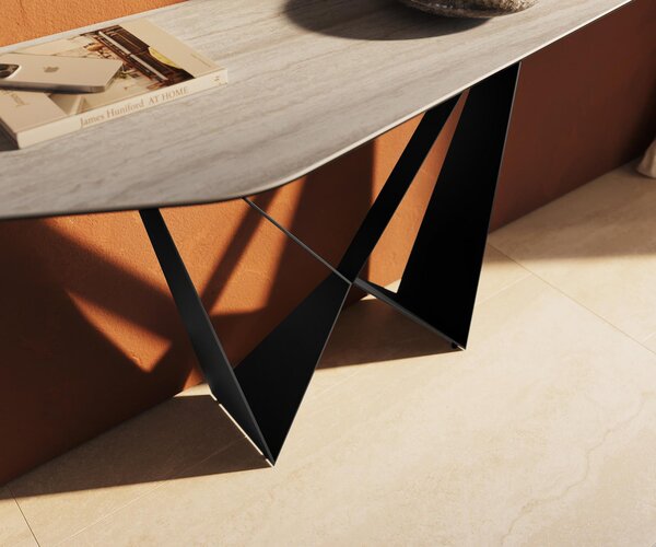 DELIFE Konzolový stolík Edge polygonálny 180×50 cm keramika Laminam® Travertino Bianco krémovo biela Spios kov čierna