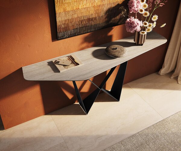 DELIFE Konzolový stolík Edge polygonálny 180×50 cm keramika Laminam® Travertino Bianco krémovo biela Spios kov čierna