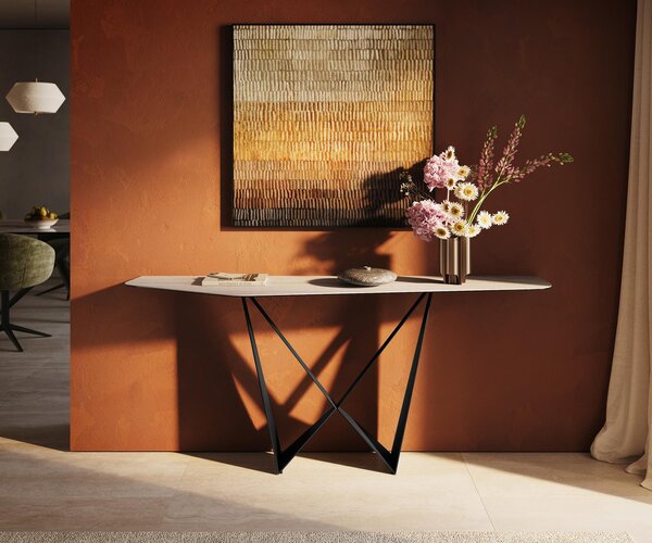 DELIFE Konzolový stolík Edge polygonálny 180×50 cm keramika Laminam® Travertino Bianco krémovo biela Spios kov čierna