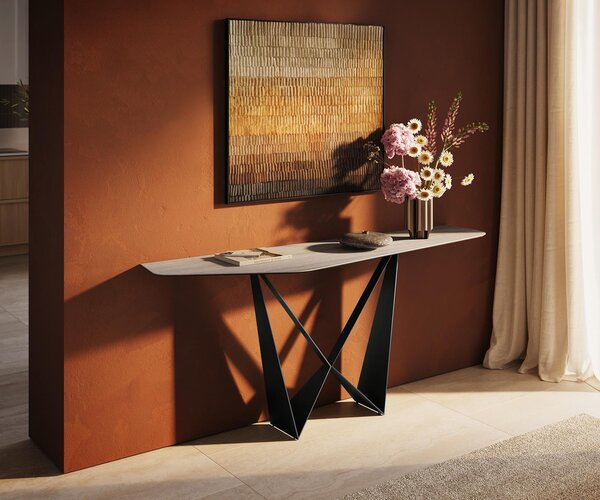 DELIFE Konzolový stolík Edge polygonálny 180×50 cm keramika Laminam® Travertino Bianco krémovo biela Spios kov čierna