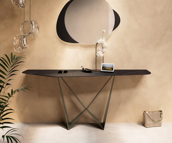 DELIFE Konzolový stolík Edge polygonálny 180×50 cm keramika Laminam® Noir Desir hnedá Spios kov efektový povrch titánová
