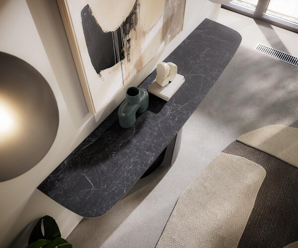 DELIFE Konzolový stolík Edge zaoblený 180×40 cm keramika Laminam® Nero Greco antracitová Livos kov čierna