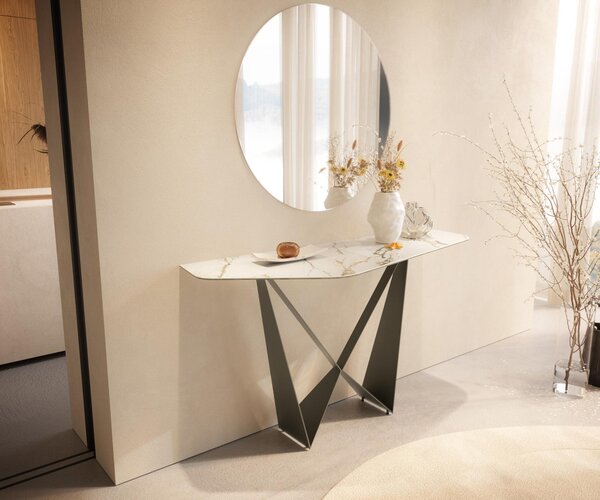 DELIFE Konzolový stolík Edge polygonálny 140×50 cm keramika Calacatta Luxe bielo-zlato-šedá Spios kov titánová farba