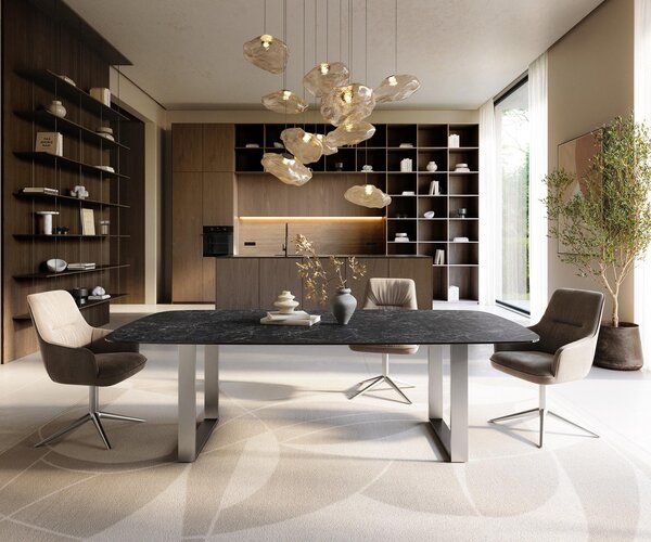 DELIFE Jedálenský stôl Edge zaoblený 240×120 cm keramika Laminam® Nero Greco antracitová nerezová oceľ úzky