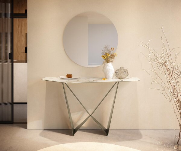 DELIFE Konzolový stolík Edge polygonálny 140×50 cm keramika Calacatta Luxe bielo-zlato-šedá Spios kov titánová farba