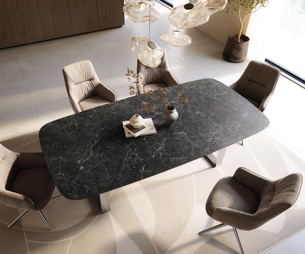 DELIFE Jedálenský stôl Edge zaoblený 240×120 cm keramika Laminam® Nero Greco antracitová nerezová oceľ úzky
