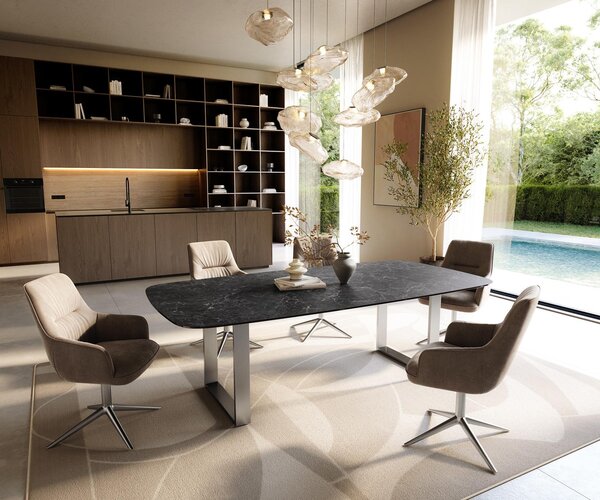 DELIFE Jedálenský stôl Edge zaoblený 240×120 cm keramika Laminam® Nero Greco antracitová nerezová oceľ úzky